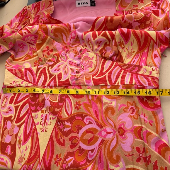 Rixo Jules Abstract Print Mini Dress 100% Silk Paisley Pink Retro Hippie Boho XL - Picture 14 of 16